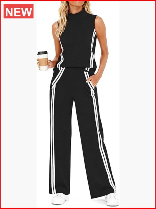Pants - Women's 2 Piece Lounge Set Stripes Mock Neck Tank Top Wide Leg Pants Sweatsuit